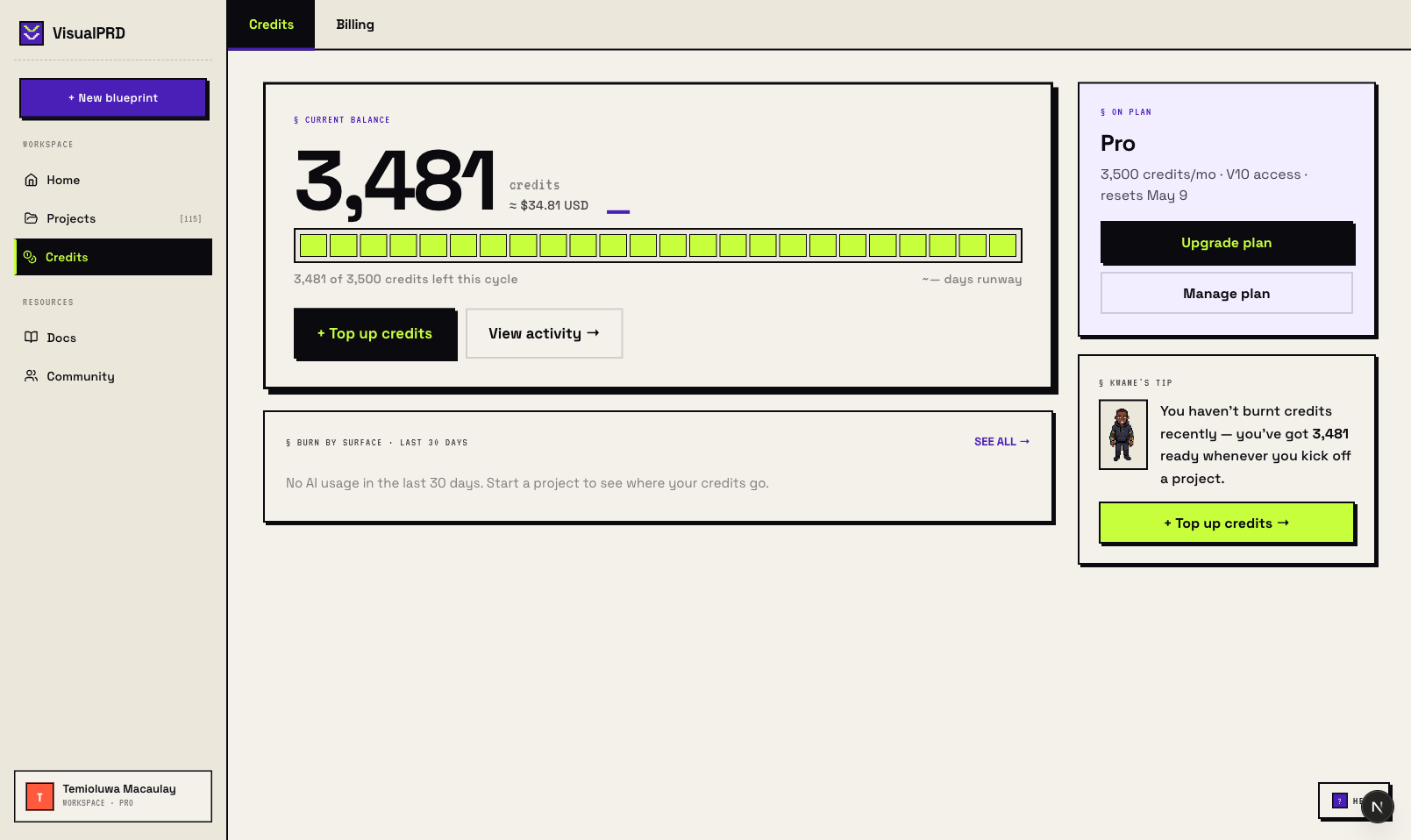 Credits and billing page
